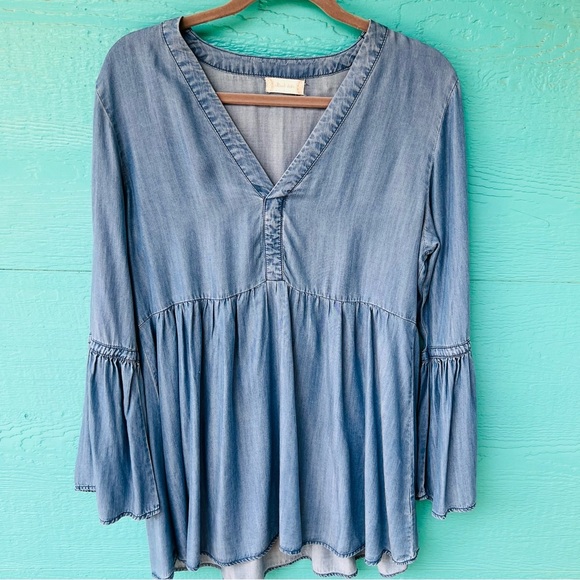ALTAR’D STATE CHAMBRAY DENIM LYOCELL EMPIRE WAIST FLOWY TUNIC TOP SIZE LARGE - Picture 2 of 7